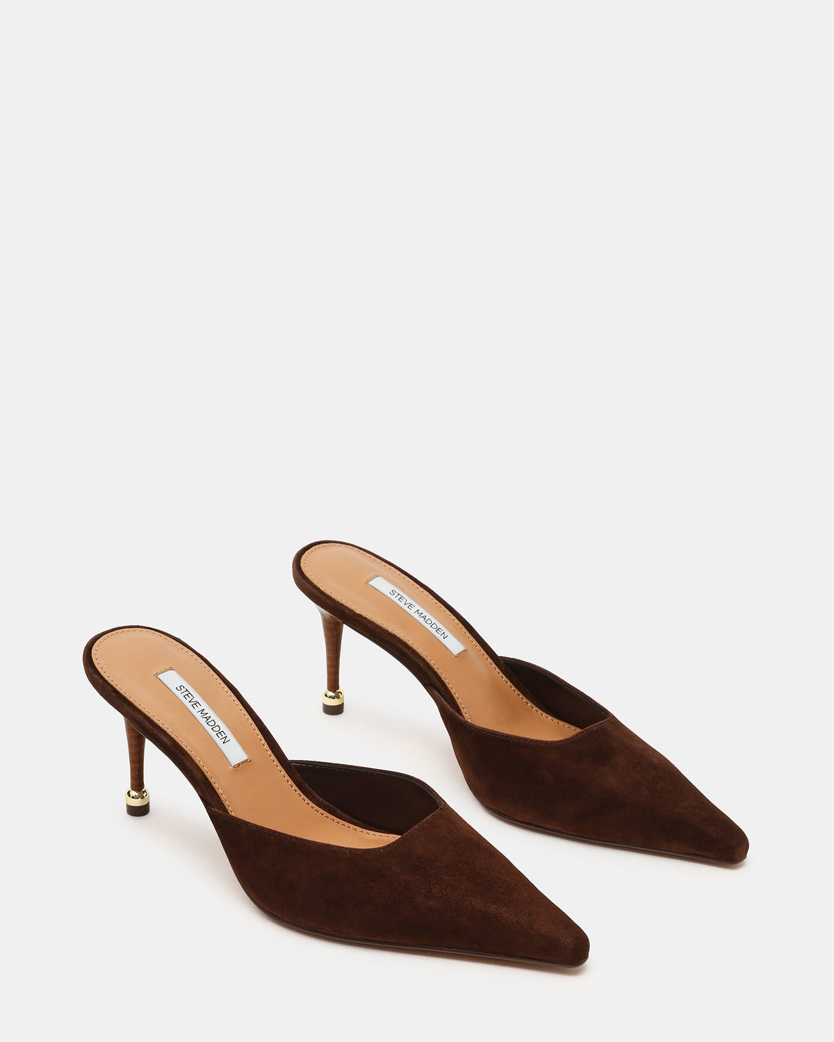 ADELINE Brown Suede Mule Pointed-Toe Gold-Detail Women's Heel - Steve Madden