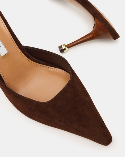 ADELINE Brown Suede Mule Pointed-Toe Gold-Detail Women's Heel - Steve Madden
