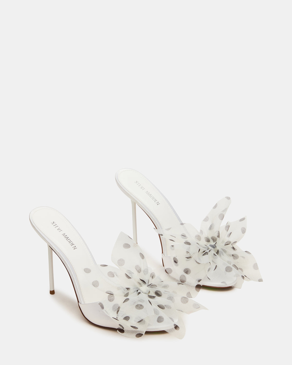 DAVINA Tulle White/Black Polka Dot Rounded Open-Toe Mule Stiletto Women's Heel - Steve Madden