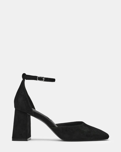 HARTLYN Black Suede Square-Toe Block Heel Ankle Strap Women's Heel - Steve Madden