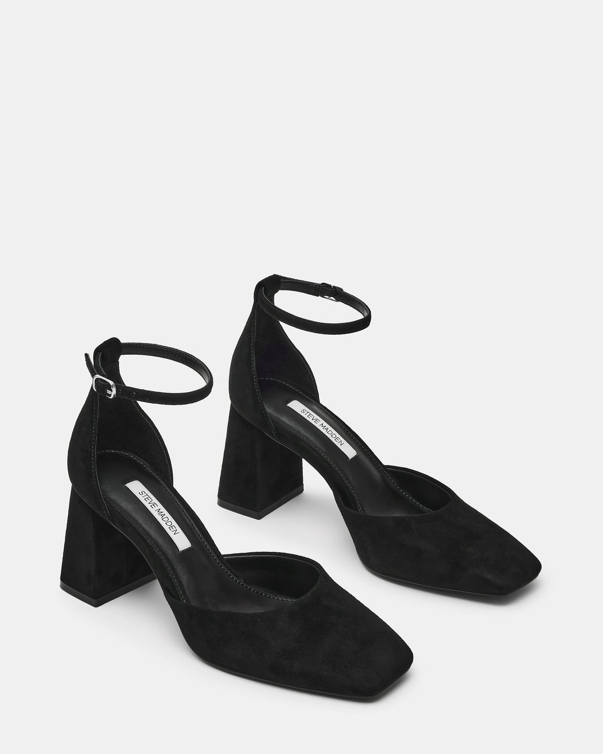HARTLYN Black Suede Square-Toe Block Heel Ankle Strap Women's Heel - Steve Madden