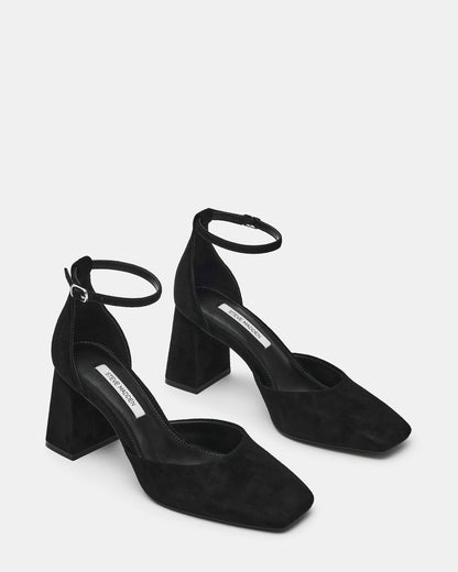 HARTLYN Black Suede Square-Toe Block Heel Ankle Strap Women's Heel - Steve Madden