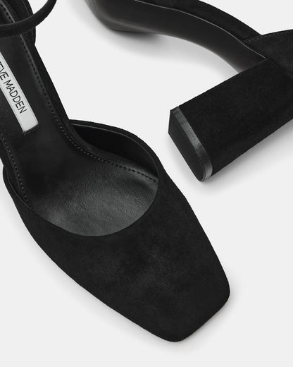 HARTLYN Black Suede Square-Toe Block Heel Ankle Strap Women's Heel - Steve Madden