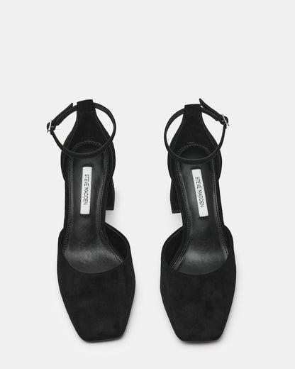 HARTLYN Black Suede Square-Toe Block Heel Ankle Strap Women's Heel - Steve Madden