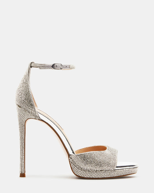 WILEY Silver Rhinestones Open Toe Stiletto Heel | Women's Heels - Steve Madden