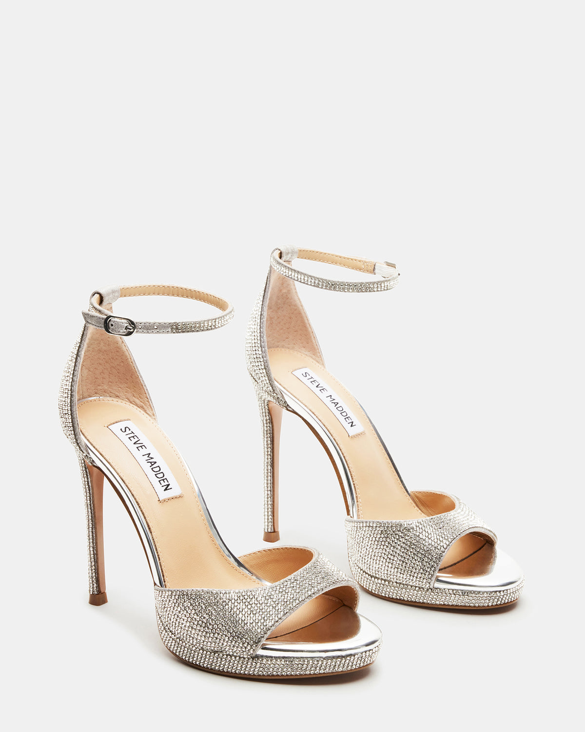 WILEY Silver Rhinestones Open Toe Stiletto Heel | Women's Heels - Steve Madden