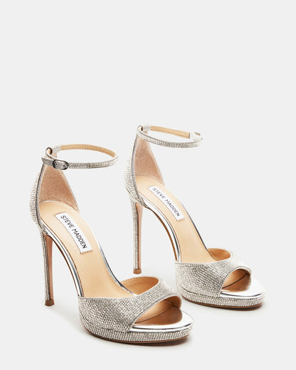 WILEY Silver Rhinestones Open Toe Stiletto Heel | Women's Heels - Steve Madden