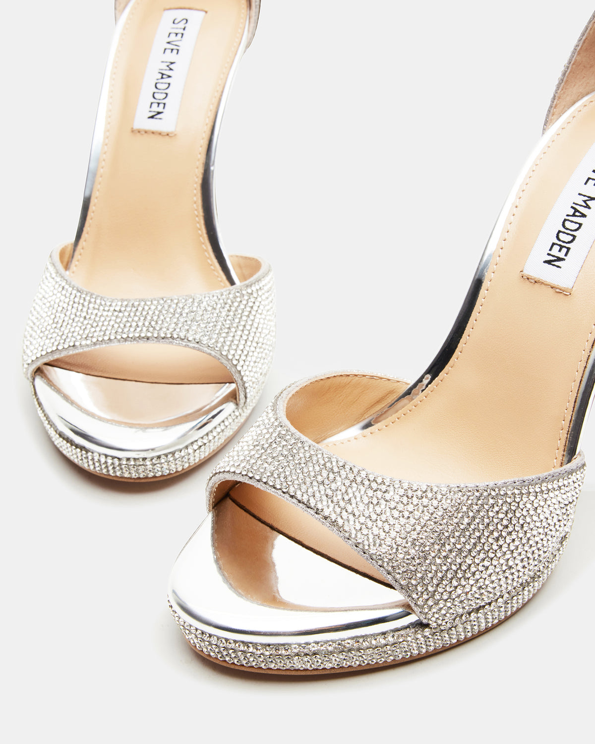 WILEY Silver Rhinestones Open Toe Stiletto Heel | Women's Heels - Steve Madden