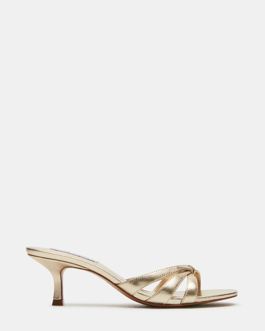 CARY Gold Leather Square-Toe Strappy Mule Women's Heel - Steve Madden