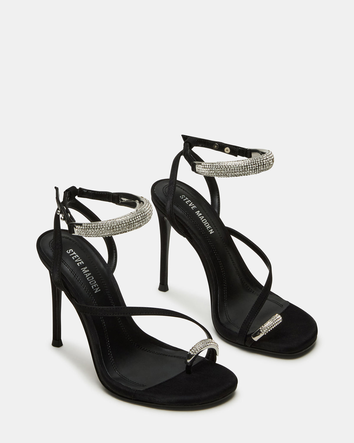 TIA Rhinestones Black Satin Open-Toe Stiletto Women's Heel - Steve Madden