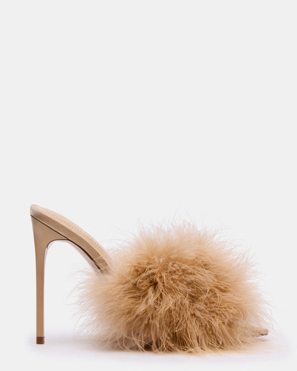 ASHBEY Tan Multi Pointed-Toe Feather Mule Stiletto Women's Heel - Steve Madden