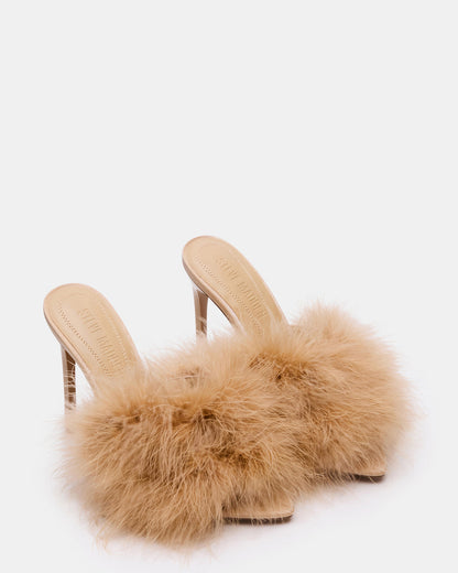 ASHBEY Tan Multi Pointed-Toe Feather Mule Stiletto Women's Heel - Steve Madden
