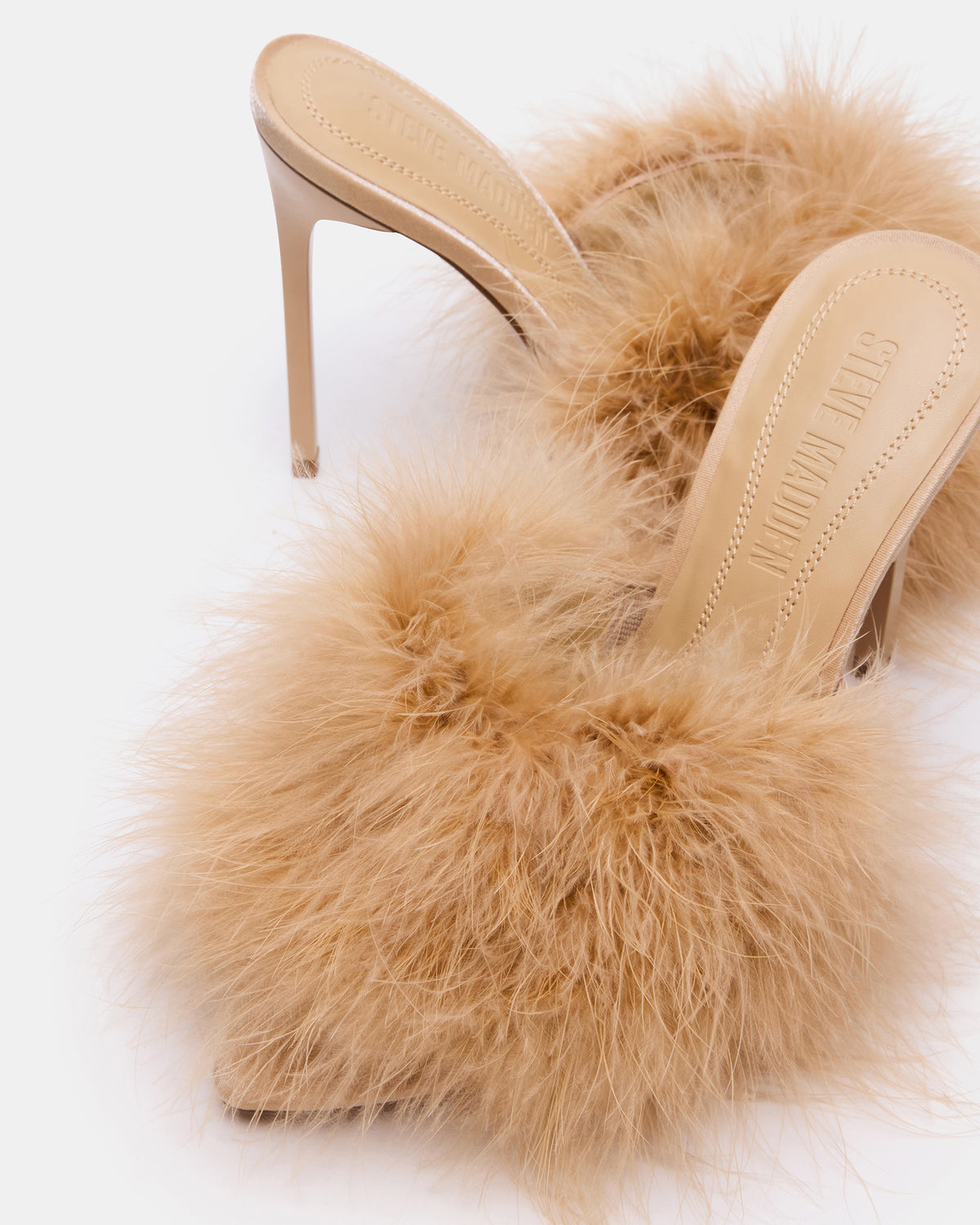 ASHBEY Tan Multi Pointed-Toe Feather Mule Stiletto Women's Heel - Steve Madden