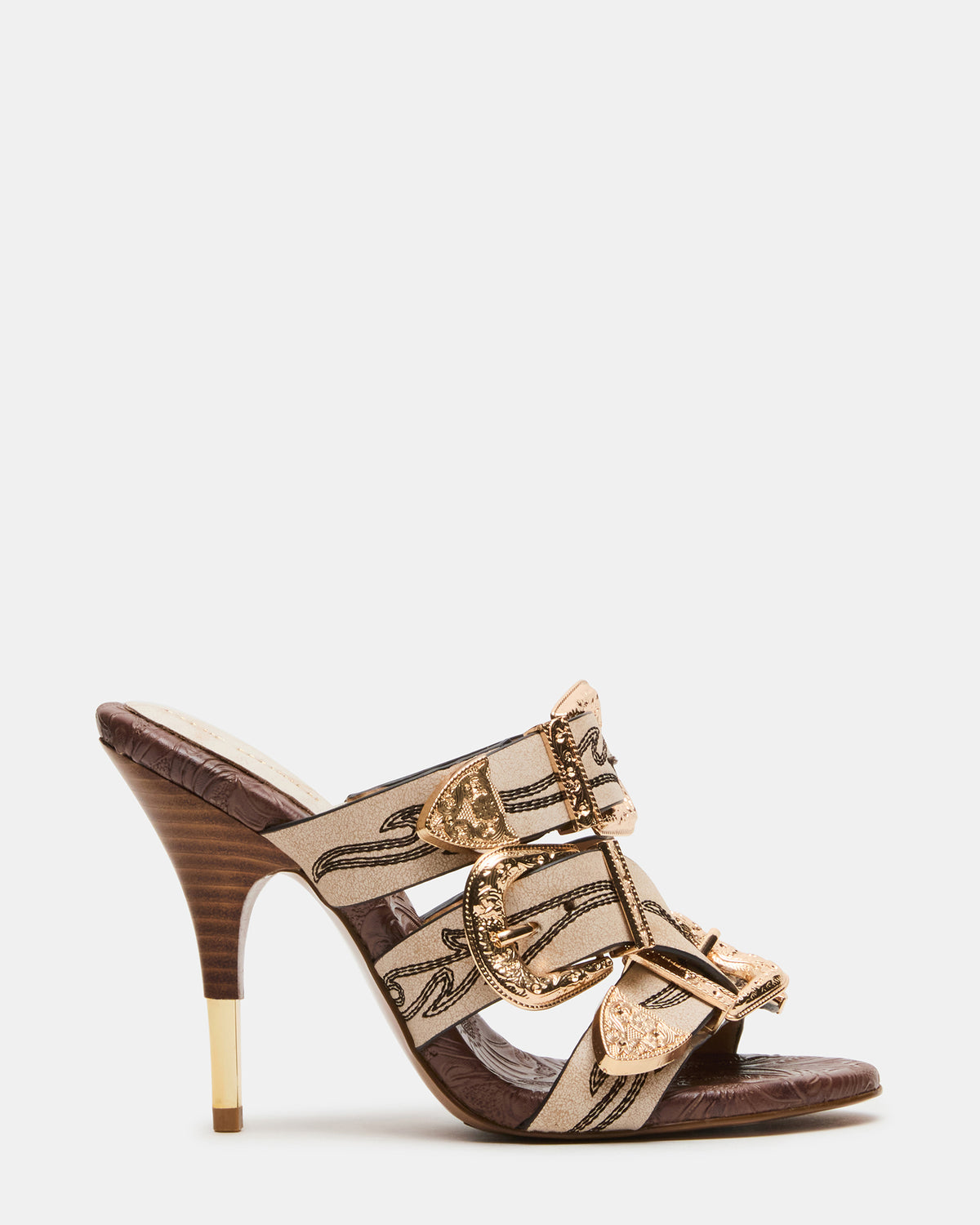 FARRA White Distressed Western-Inspired Stiletto Buckle Mule Women's Heel - Steve Madden