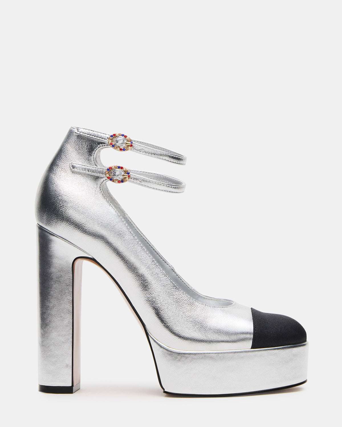 PEYTON Silver Leather Block Heel Platform Women's Heel - Steve Madden