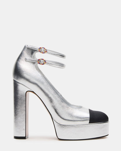 PEYTON Silver Leather Block Heel Platform Women's Heel - Steve Madden