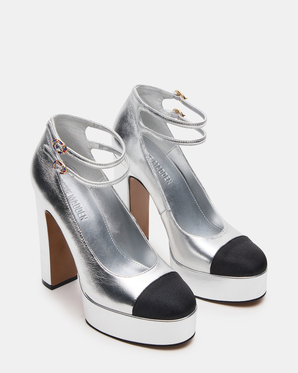 PEYTON Silver Leather Block Heel Platform Women's Heel - Steve Madden