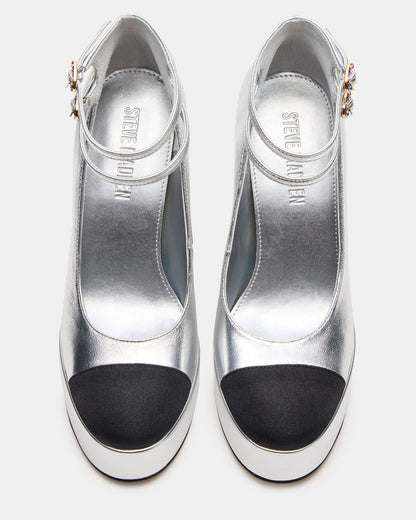 PEYTON Silver Leather Block Heel Platform Women's Heel - Steve Madden