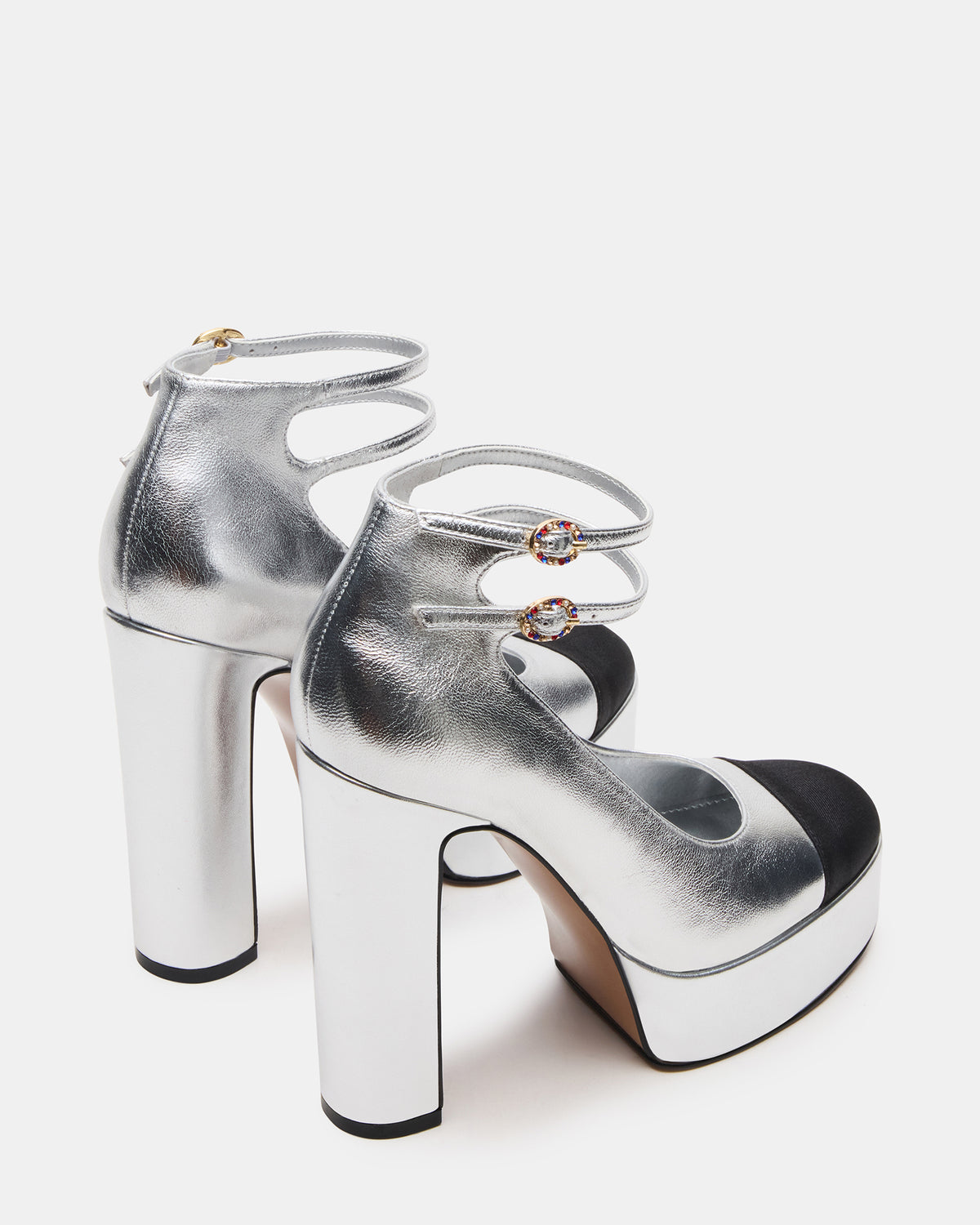 PEYTON Silver Leather Block Heel Platform Women's Heel - Steve Madden