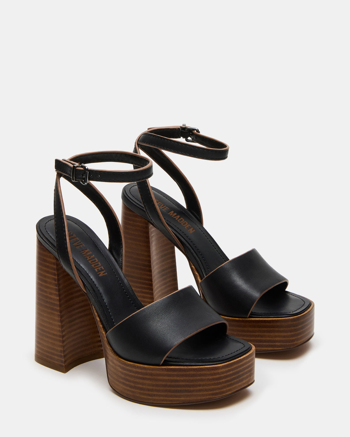 FLORIA Black Leather Women's Platform Square-Toe Block Heel - Steve Madden