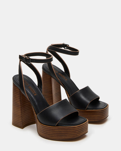 FLORIA Black Leather Women's Platform Square-Toe Block Heel - Steve Madden