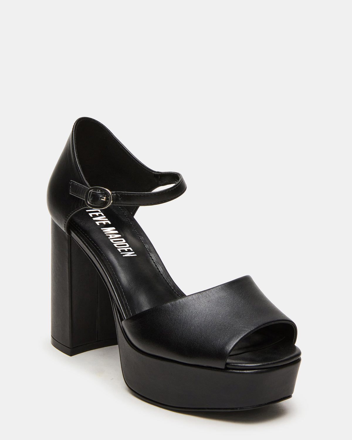 LONDON Black Leather Platfrom Block Heel Square-Toe Women's Heel - Steve Madden