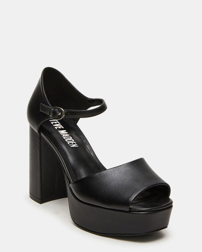 LONDON Black Leather Platfrom Block Heel Square-Toe Women's Heel - Steve Madden