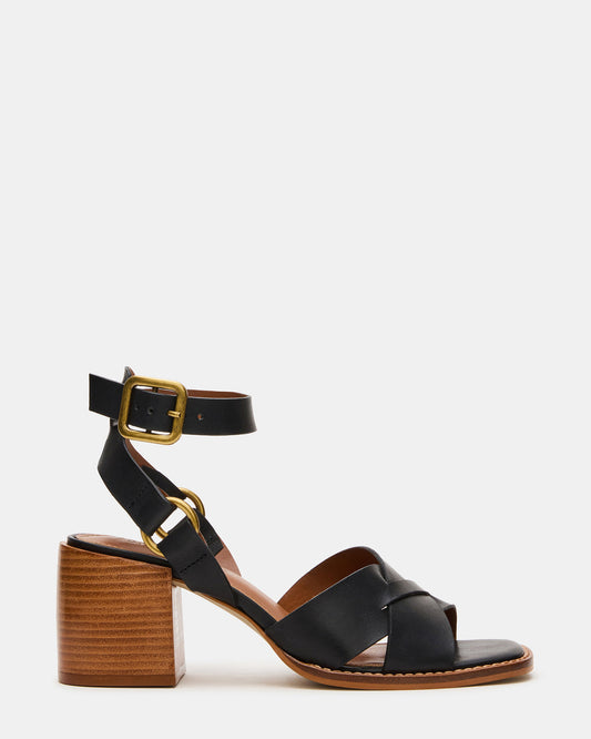 TRURO Black Leather Strappy Wood Bottom Square-Toe Women's Heel - Steve Madden