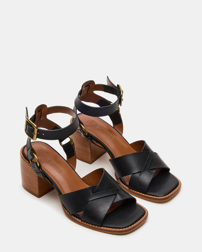 TRURO Black Leather Strappy Wood Bottom Square-Toe Women's Heel - Steve Madden