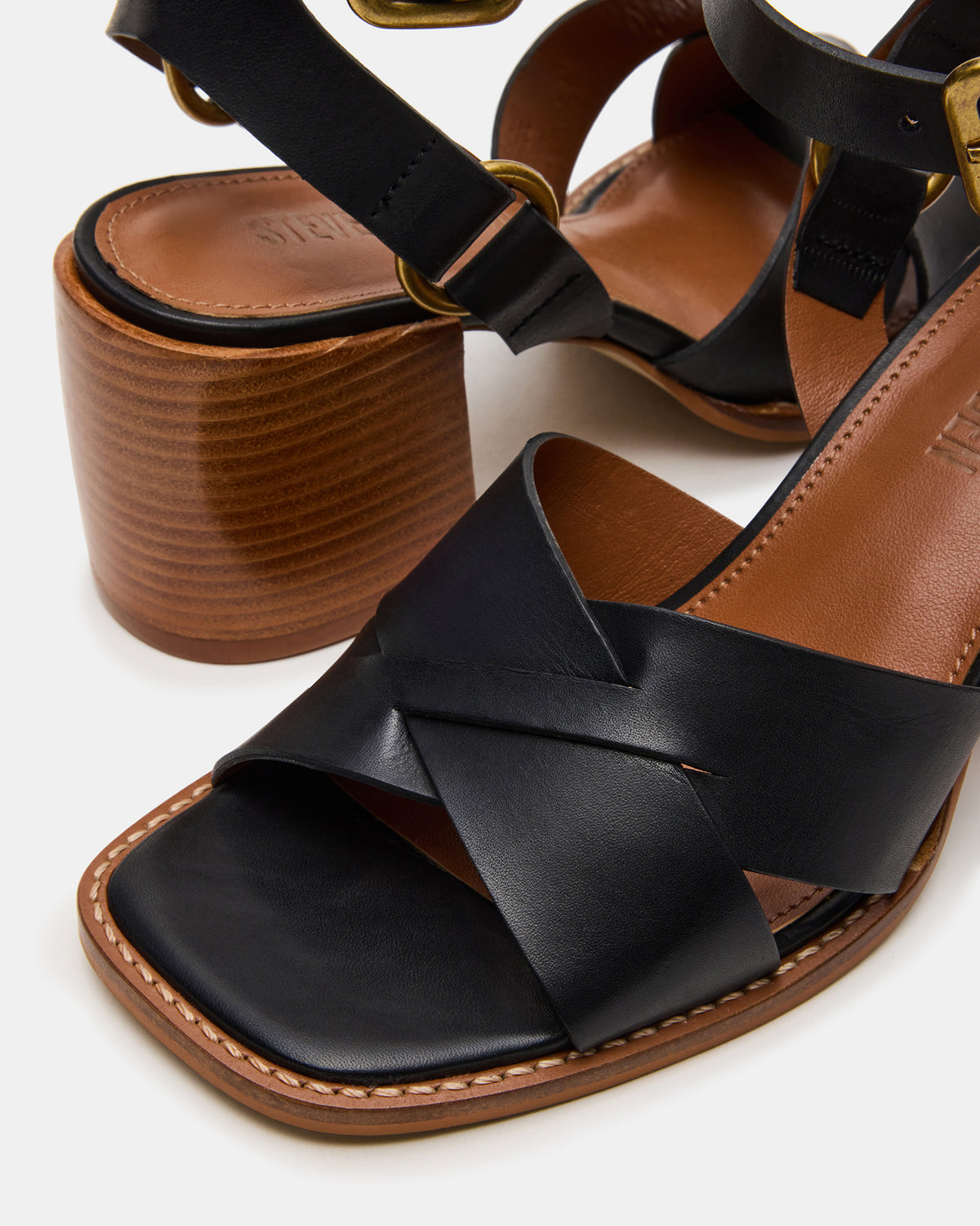 TRURO Black Leather Strappy Wood Bottom Square-Toe Women's Heel - Steve Madden
