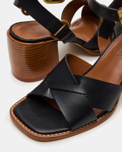 TRURO Black Leather Strappy Wood Bottom Square-Toe Women's Heel - Steve Madden