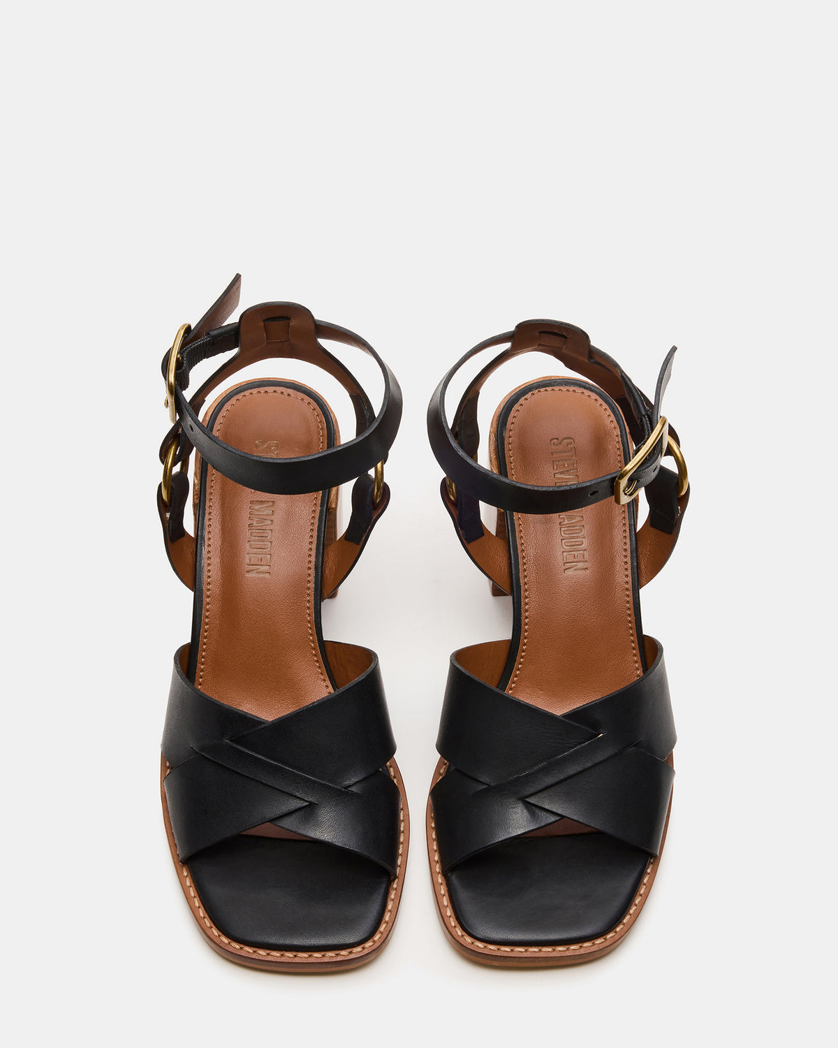TRURO Black Leather Strappy Wood Bottom Square-Toe Women's Heel - Steve Madden