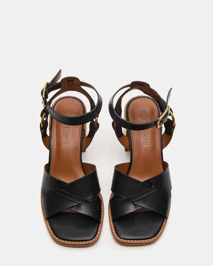 TRURO Black Leather Strappy Wood Bottom Square-Toe Women's Heel - Steve Madden