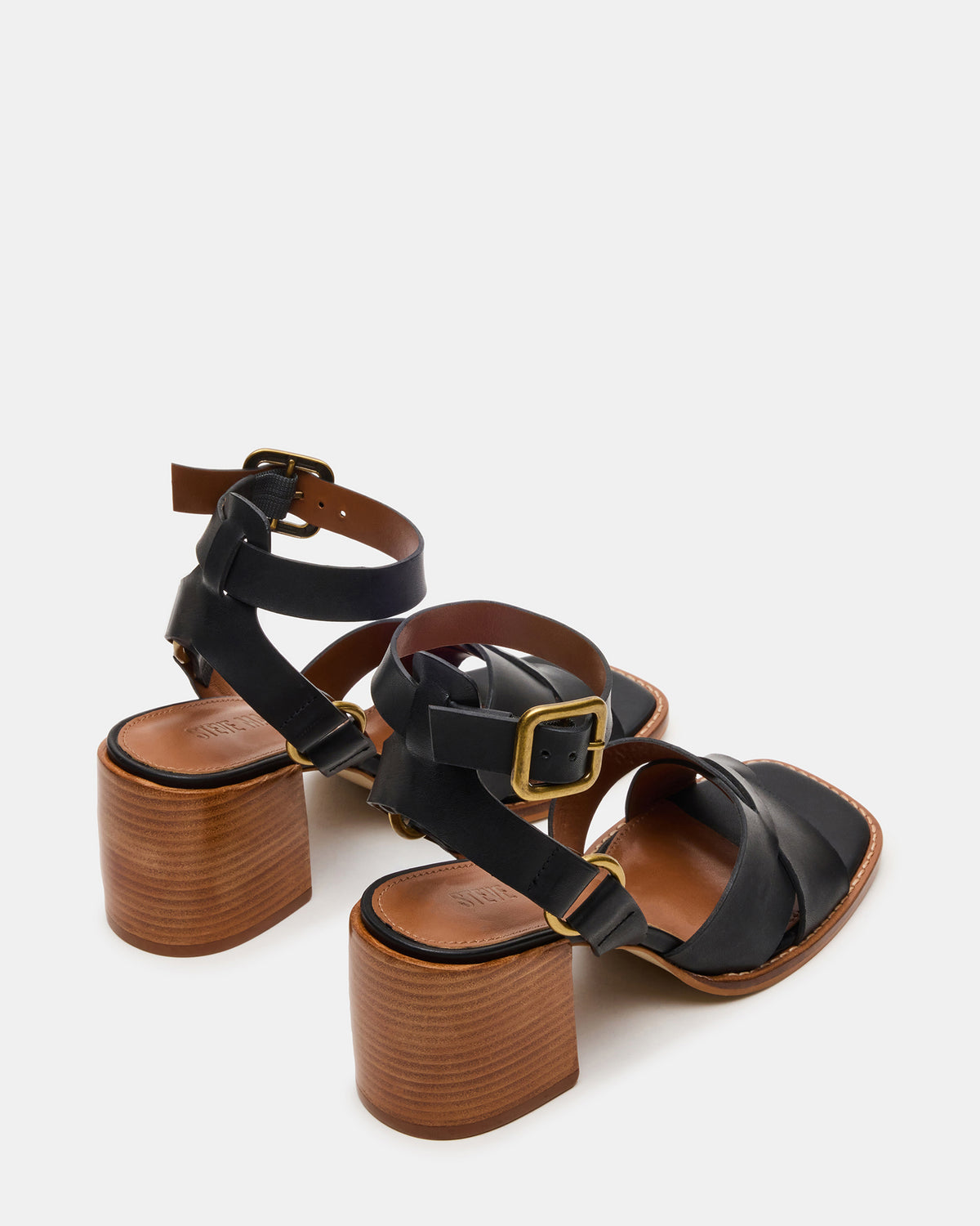 TRURO Black Leather Strappy Wood Bottom Square-Toe Women's Heel - Steve Madden