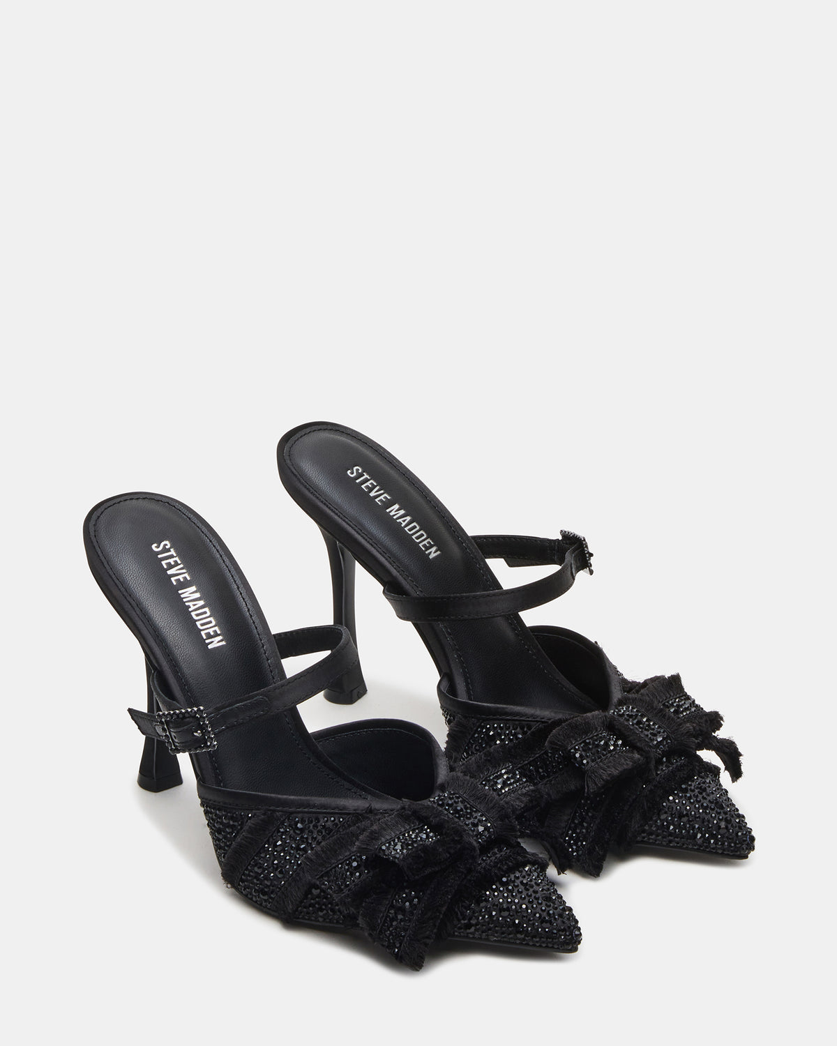 BAYLIN Black Satin Rhinestones Bow Pointed-Toe Stiletto Women's Heel - Steve Madden