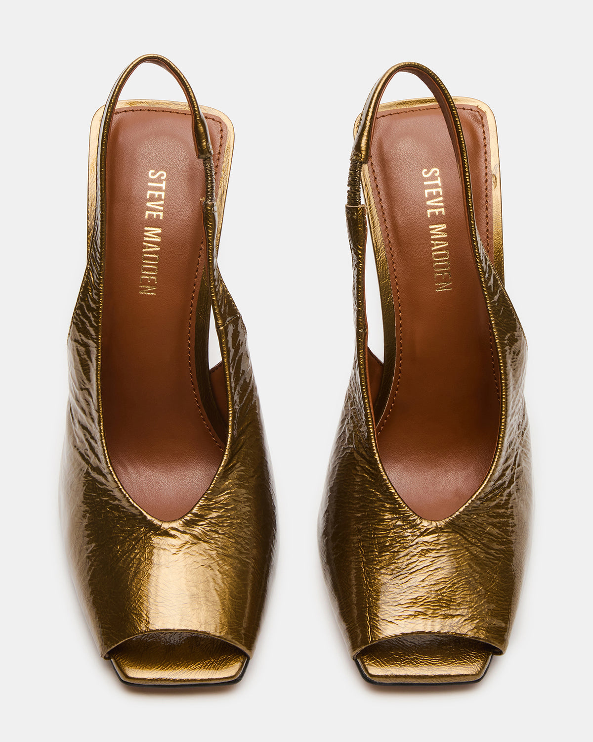 LUCIAN Olive Crinkle Patent Square-Toe Peep-Toe Slingback Women's Heel - Steve Madden