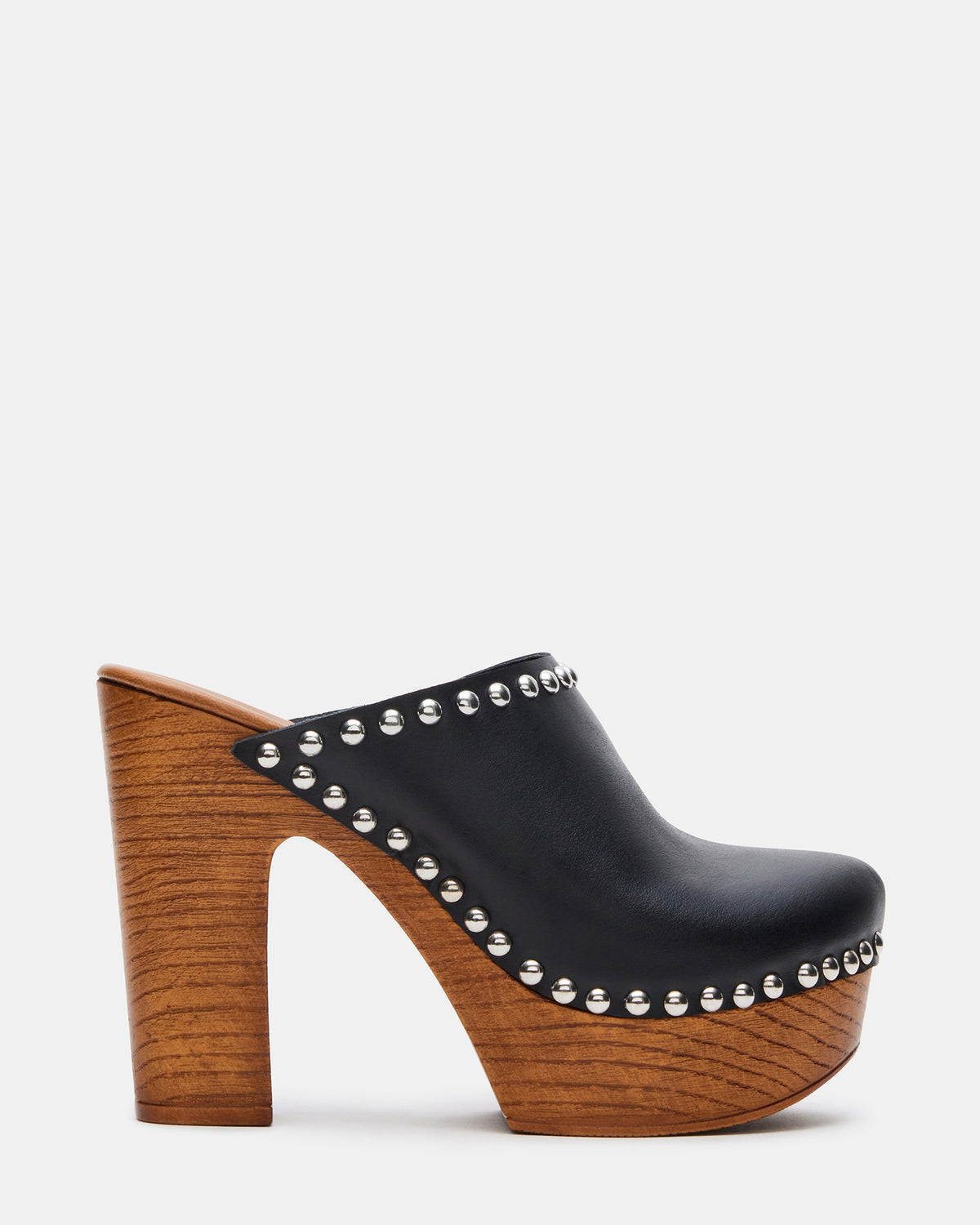 DUTCHESS Black Leather Women's Studded Platform Mule Clog Heel - Steve Madden