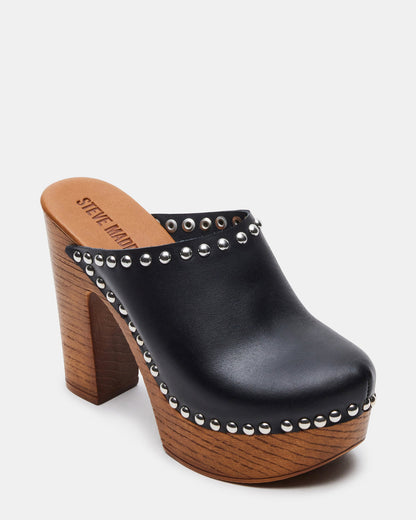 DUTCHESS Black Leather Women's Studded Platform Mule Clog Heel - Steve Madden