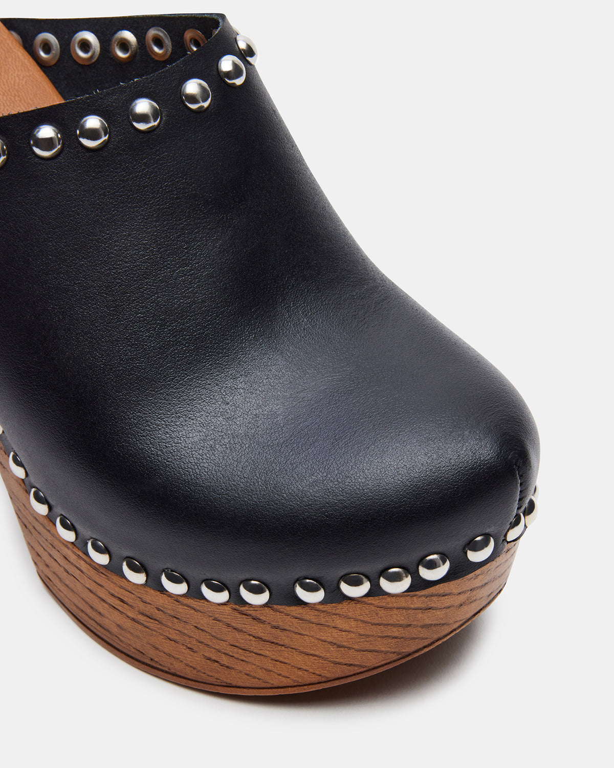DUTCHESS Black Leather Women's Studded Platform Mule Clog Heel - Steve Madden