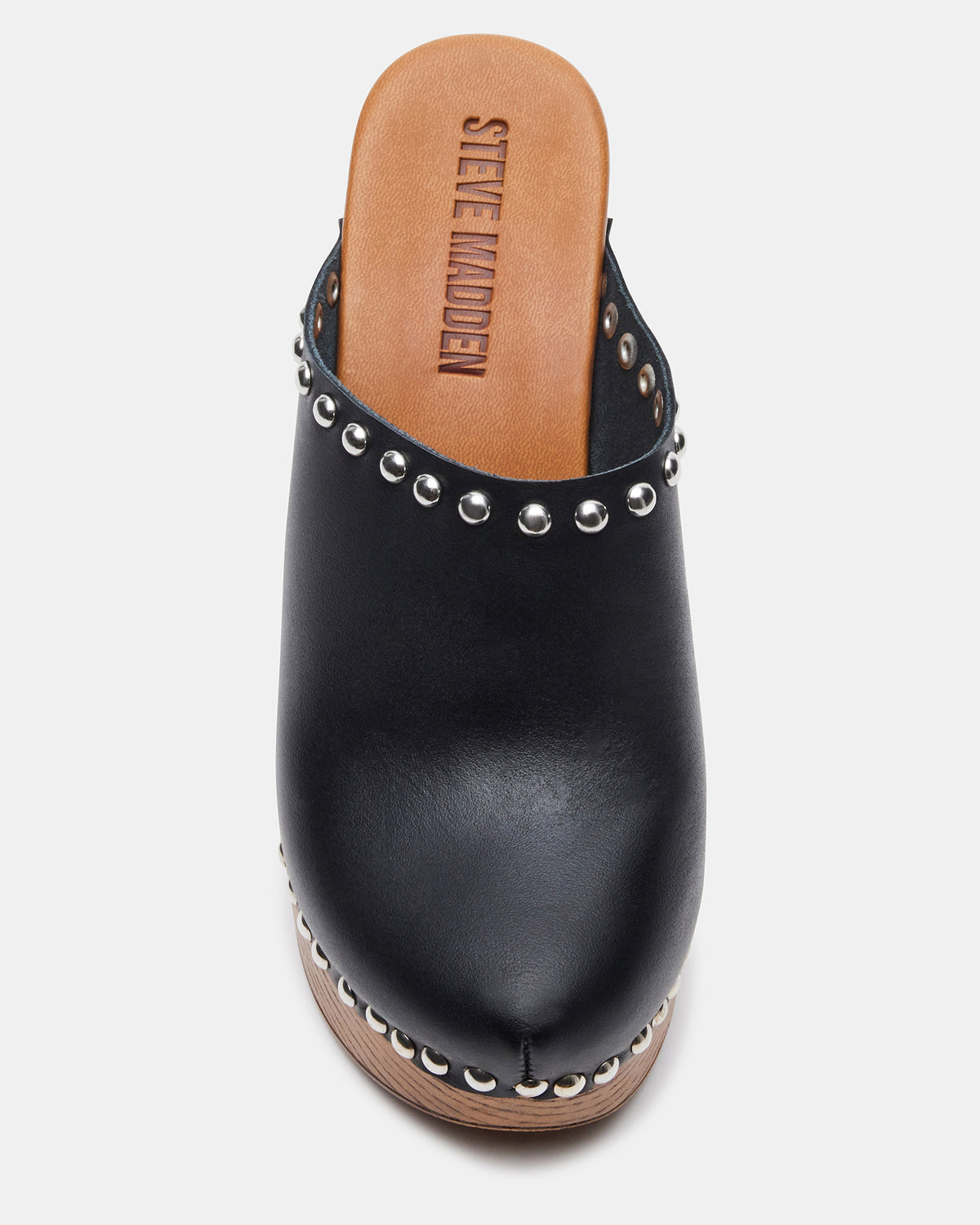 DUTCHESS Black Leather Women's Studded Platform Mule Clog Heel - Steve Madden