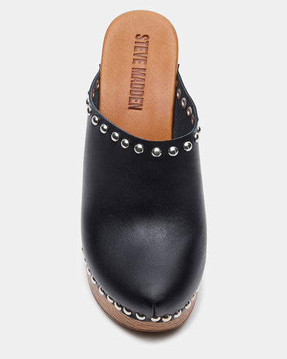 DUTCHESS Black Leather Women's Studded Platform Mule Clog Heel - Steve Madden