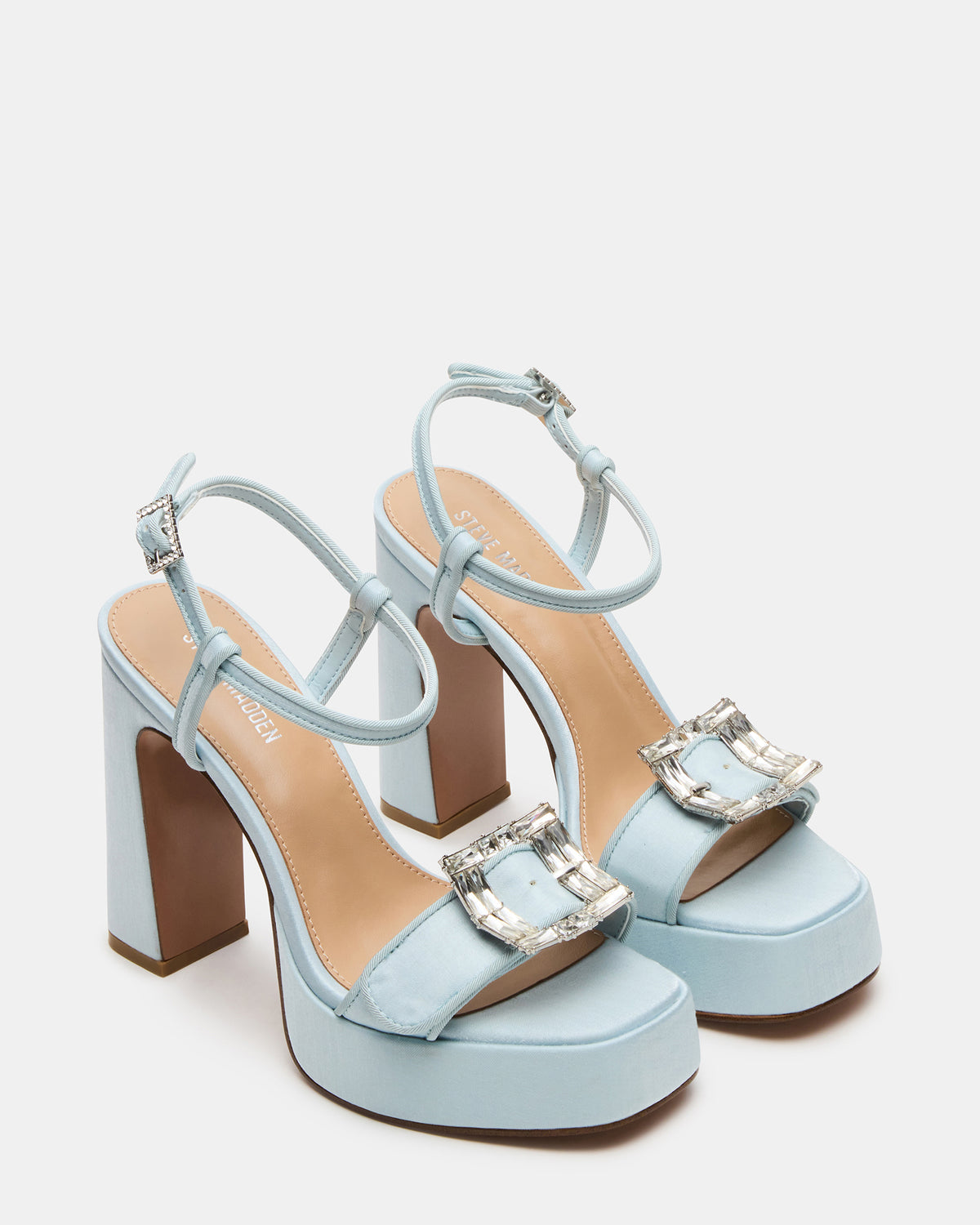 LIANDRA Buckle Blue Satin Women's Platform Square-Toe Strappy Heel - Steve Madden