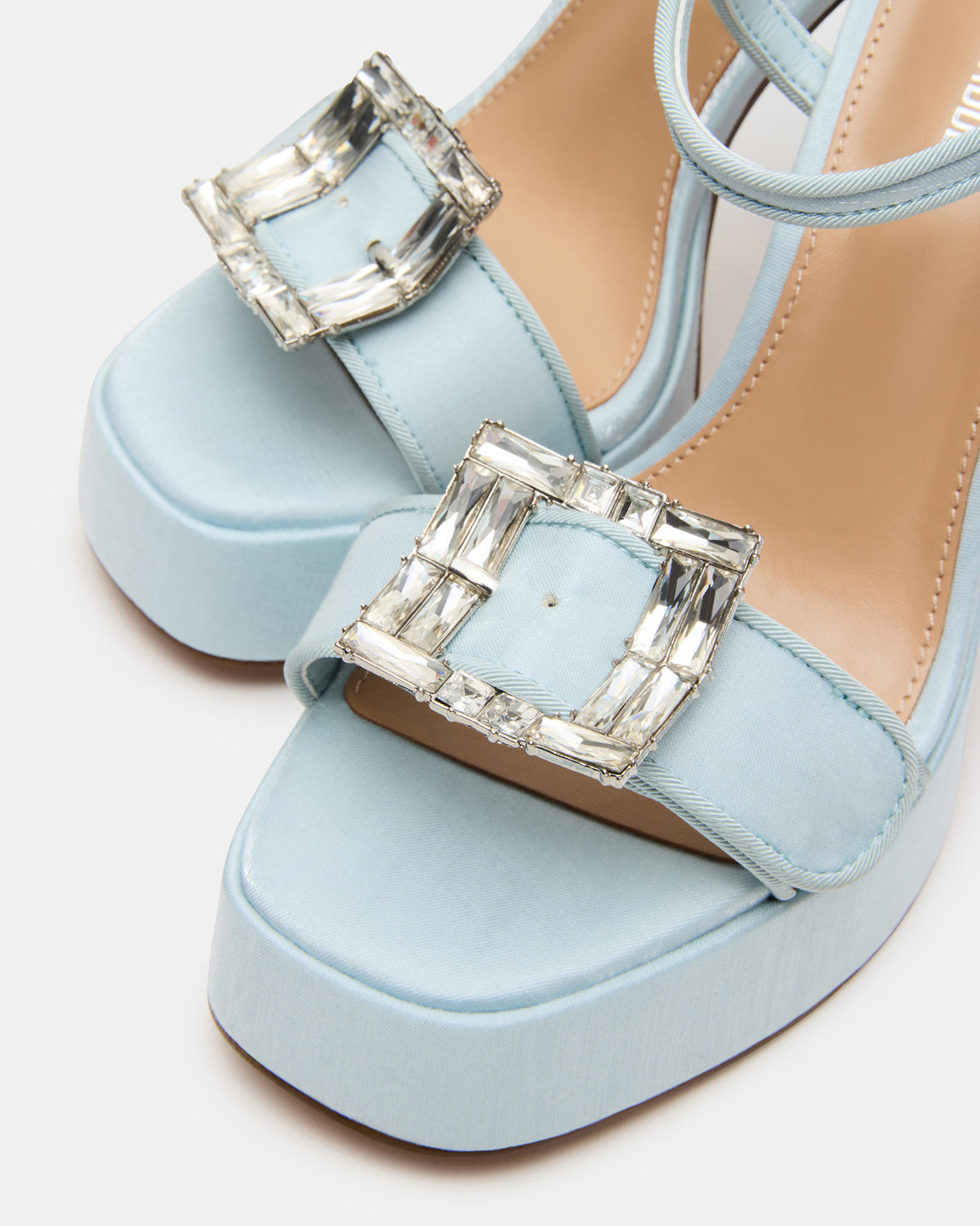 LIANDRA Buckle Blue Satin Women's Platform Square-Toe Strappy Heel - Steve Madden