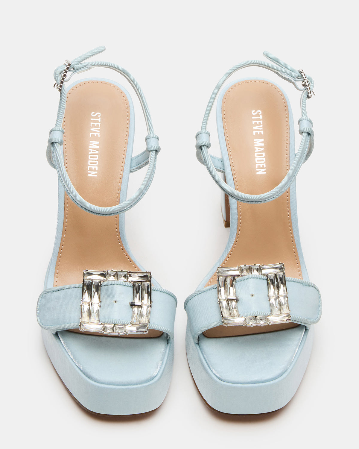 LIANDRA Buckle Blue Satin Women's Platform Square-Toe Strappy Heel - Steve Madden