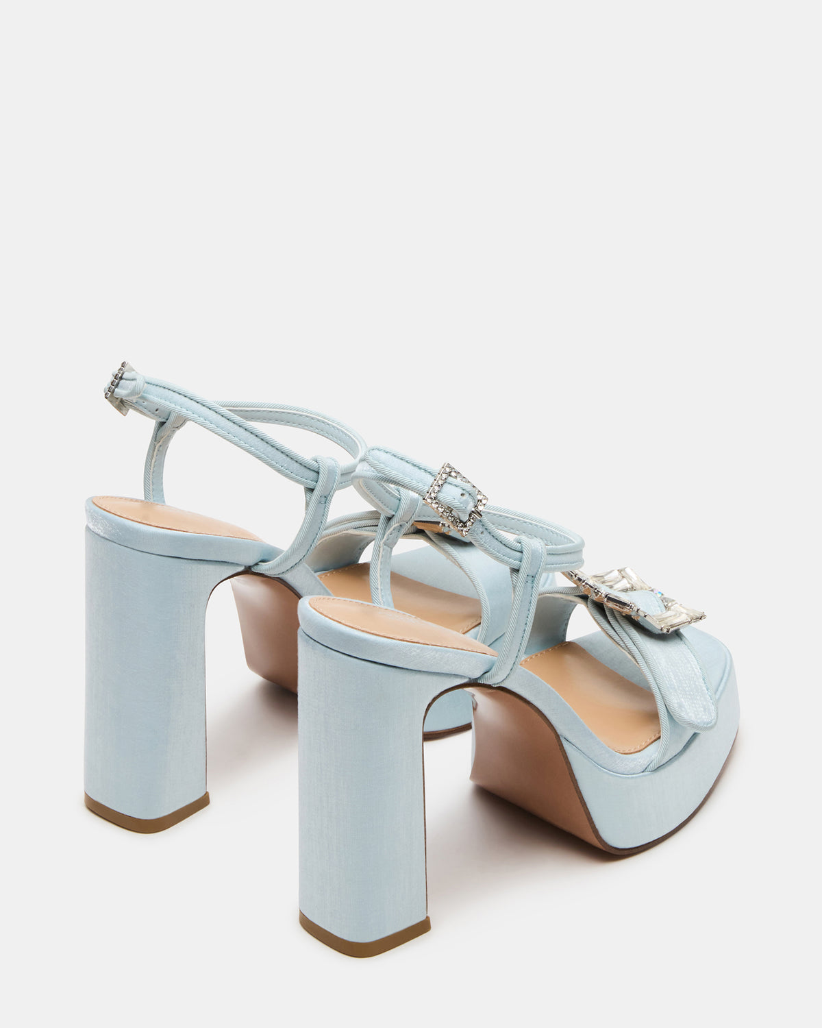 LIANDRA Buckle Blue Satin Women's Platform Square-Toe Strappy Heel - Steve Madden