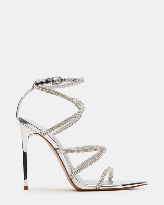 SKY Silver Strappy Rhinestone Stiletto Heel | Women's Heels - Steve Madden
