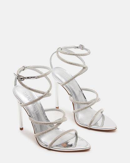 SKY Silver Strappy Rhinestone Stiletto Heel | Women's Heels - Steve Madden