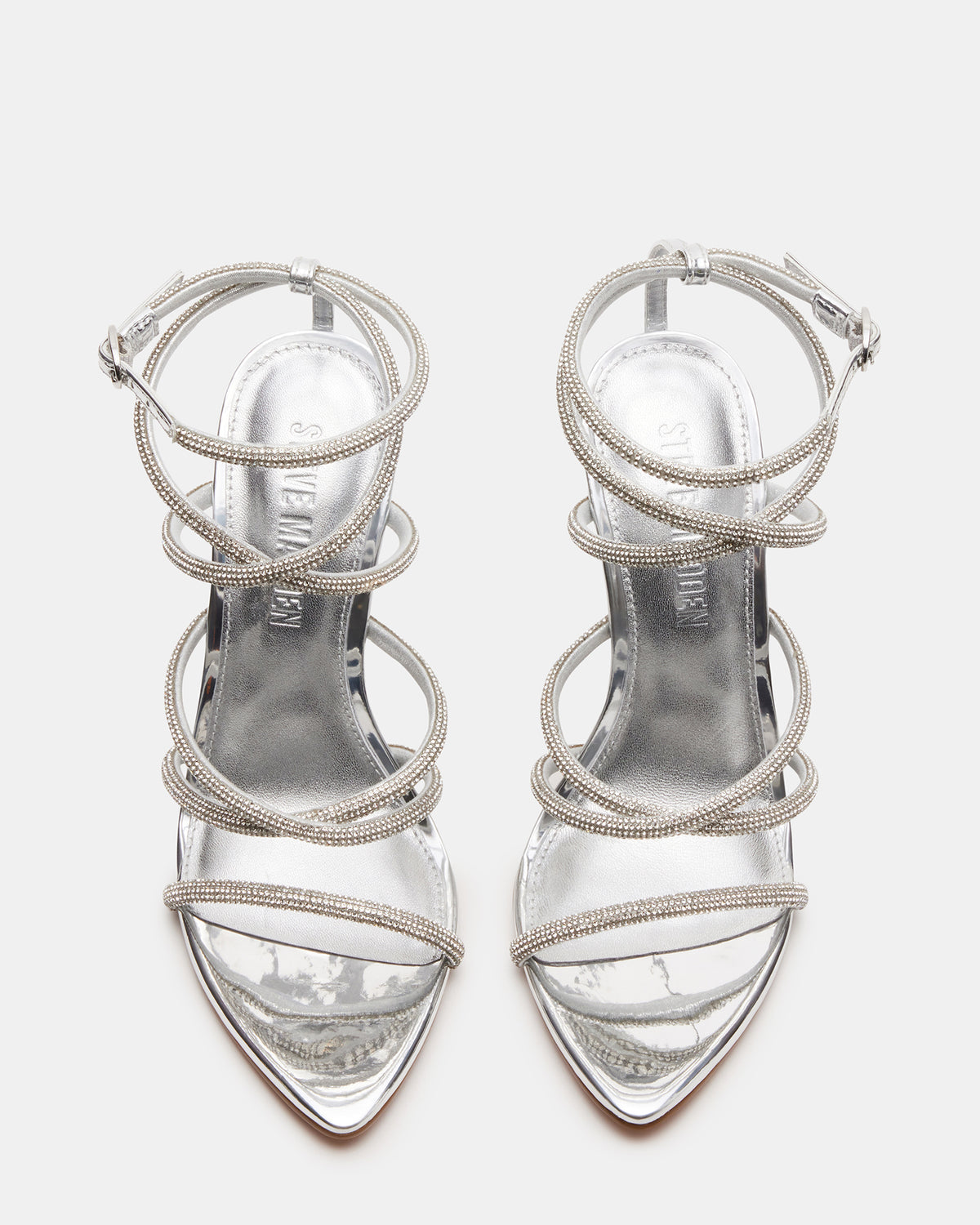 SKY Silver Strappy Rhinestone Stiletto Heel | Women's Heels - Steve Madden