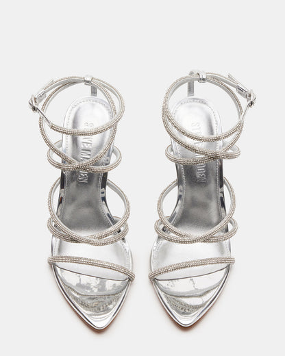 SKY Silver Strappy Rhinestone Stiletto Heel | Women's Heels - Steve Madden