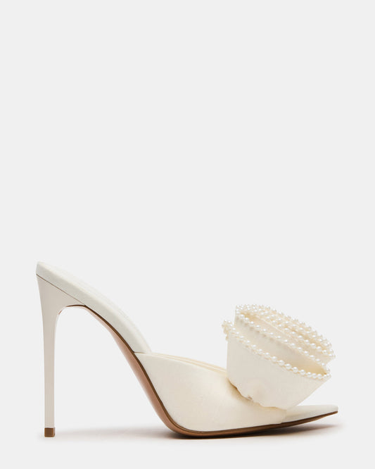 AFFINITY Pearl Ivory Satin Pointed-Toe Stiletto Mule Women's Heel - Steve Madden
